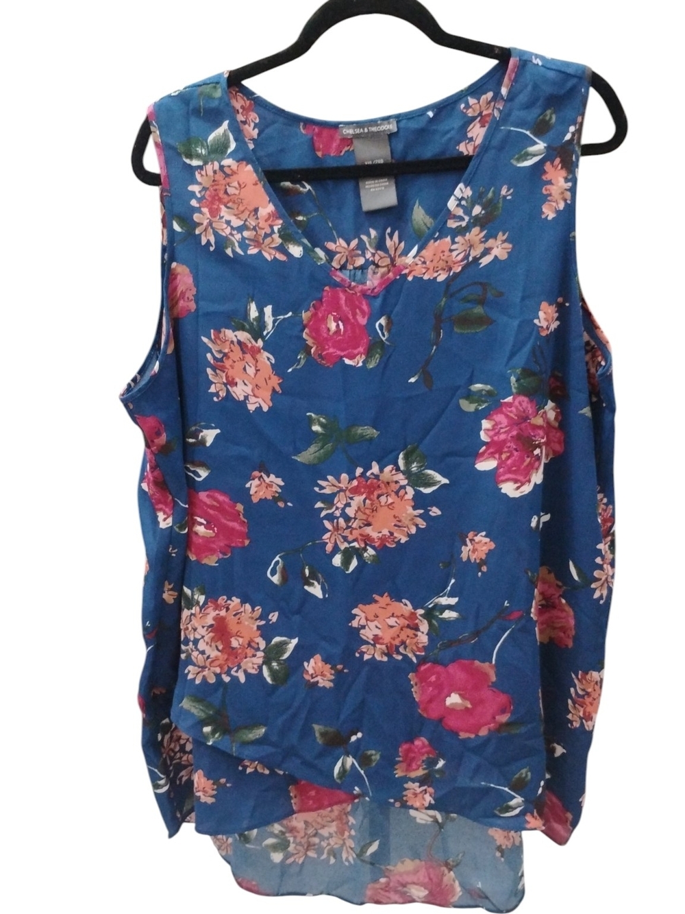 Chelsea & Theodore Blue Floral V-Neck Sleeveless Blouse SZ XXL
